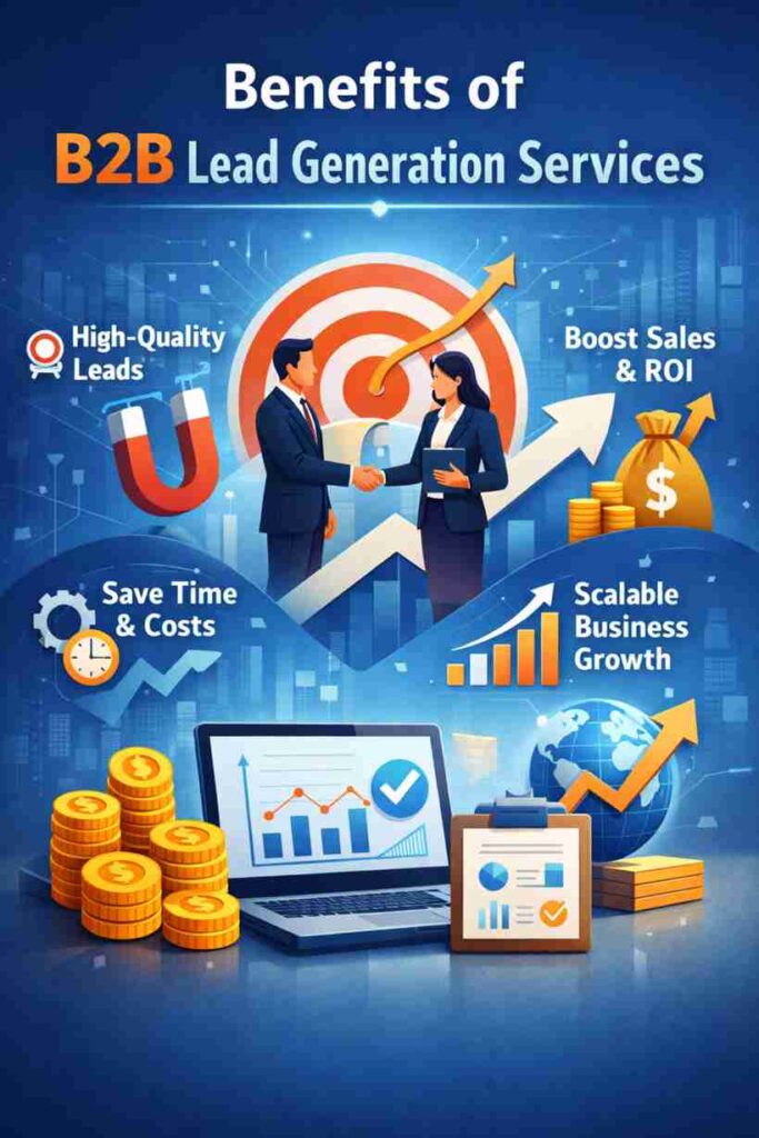 Visual showing the Benefits of B2B lead generation services with high-quality leads, higher ROI, cost savings, and scalable business growth.